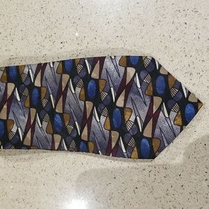 EUC Studio Collection tie geometric pattern deep navy/grey/tan/burgundy